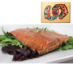 8 oz Natural Smoked Salmon in Traditional Two Salmon Design Wood Box