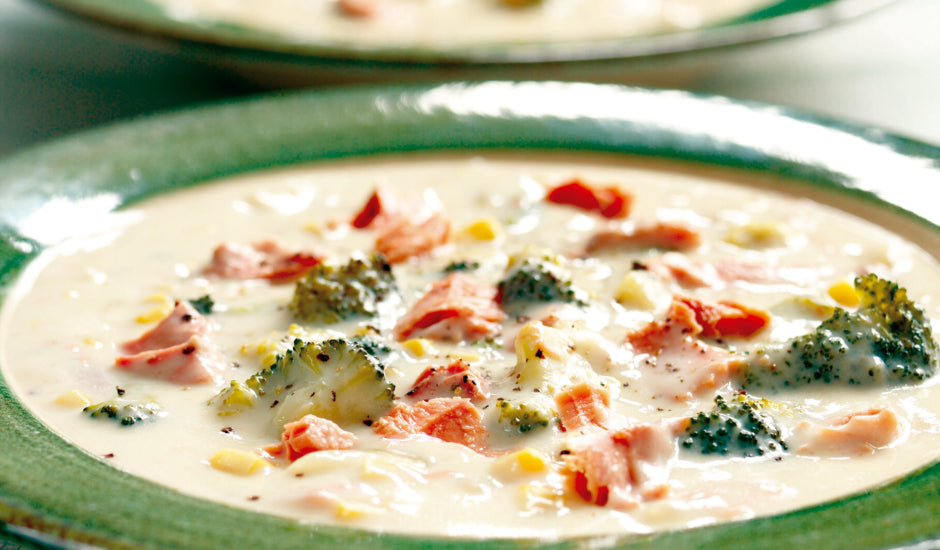 Smoked Salmon Corn Chowder with Broccoli