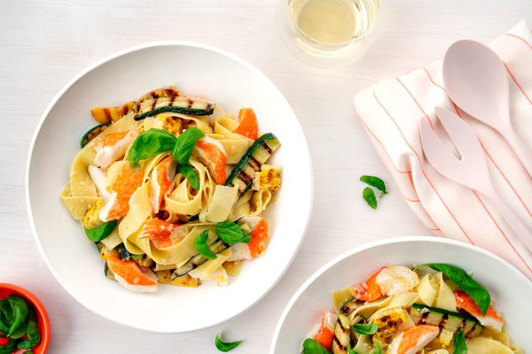 Pappardelle with Vegetables and Smoked Salmon and Surimi