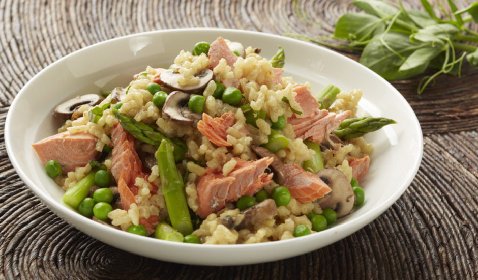 Smoked Salmon Risotto with Mushrooms and Asparagus