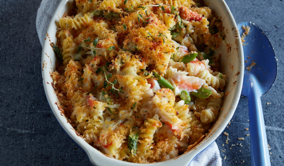 Smoked Salmon and Crab Mac & Cheese with Asparagus