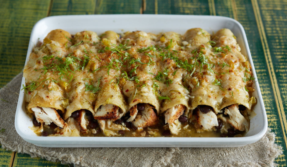 Smoked Salmon and Halibut Enchiladas with Salsa Verde