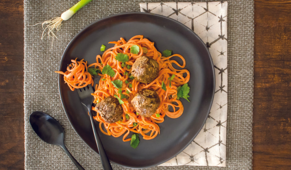 Thai Inspired Seafood Balls with Sweet Potato Noodles and Almond Sauce