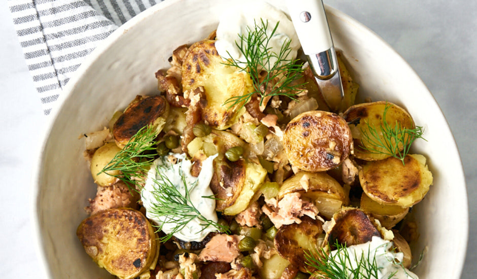 Smoked Salmon Breakfast Hash with Dill Cream