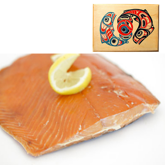 8 oz Sockeye Smoked Salmon in Traditional Two Salmon Design Wood Box