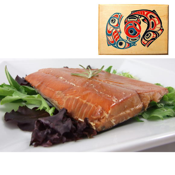 4 oz Natural Smoked Salmon in Traditional Two Salmon Design Wood Box